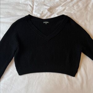 wild fable Black Ribbed V-Neck Cropped Sweater